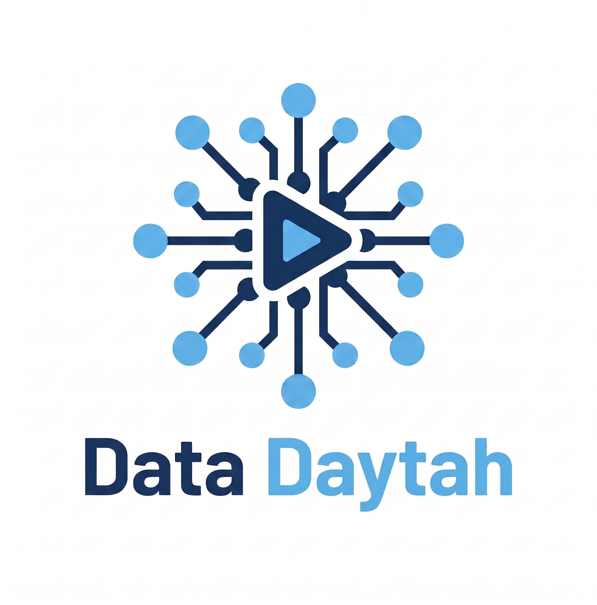 Data Daytah — navy and sky-blue connected data nodes surrounding a play symbol.