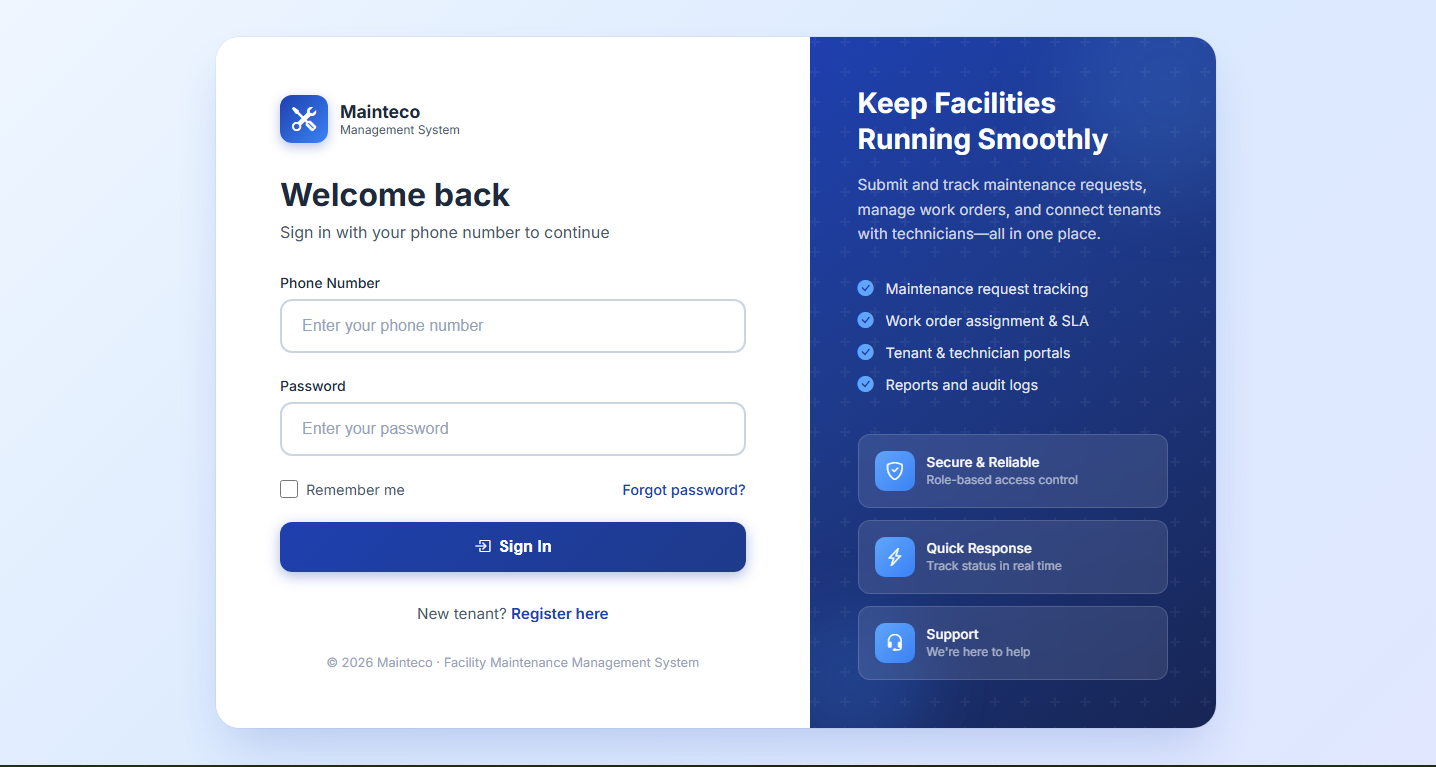 Mainteco web application sign-in page with phone number and password fields, alongside a facility maintenance features overview.